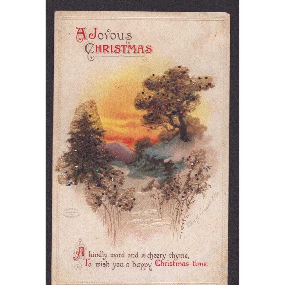 Antique Ellen Clapsaddle Christmas Postcard 1914 Sunset Glitter Embossed VG - Picture 1 of 2